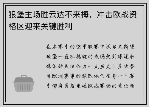 狼堡主场胜云达不来梅，冲击欧战资格区迎来关键胜利